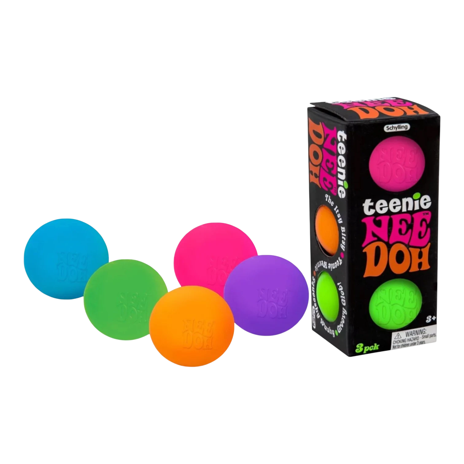 Squish Planet Teenie NeeDoh Groovy Glob sensory toy 3-pack in blue, green, orange, pink, and purple.